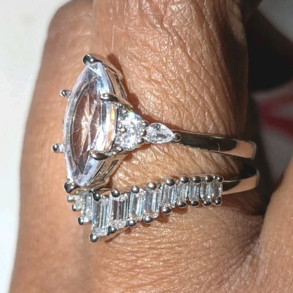 Luxury 925 Silver 4ct Simulated Marquise Diamond Wedding Ring Set For Women Sz 8